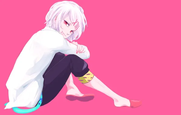 Boy, art, Anime, sitting, Anime, pink background, clips, Tokyo Ghoul