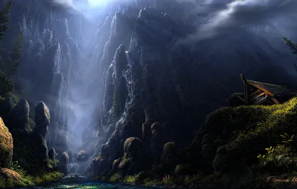 Mountains, stream, stones, rocks, home, art, Fel-X