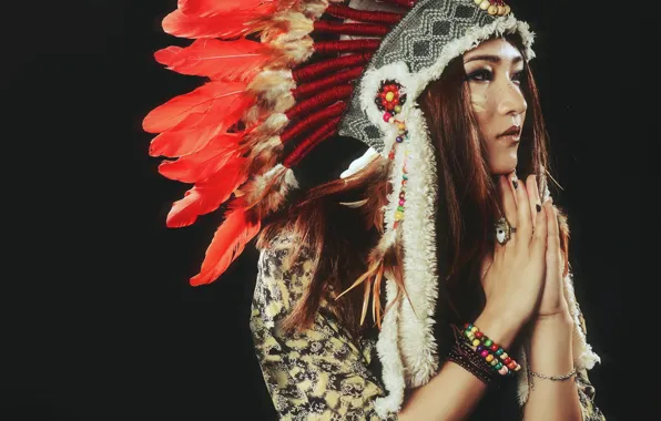 Picture girl, face, style, feathers, headdress