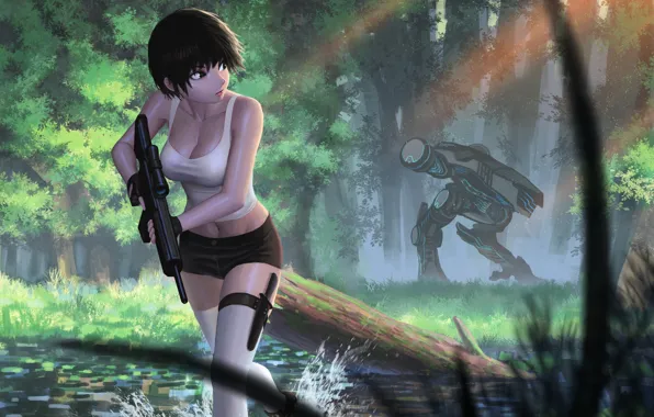 Picture girl, weapons, robot, jungle, art