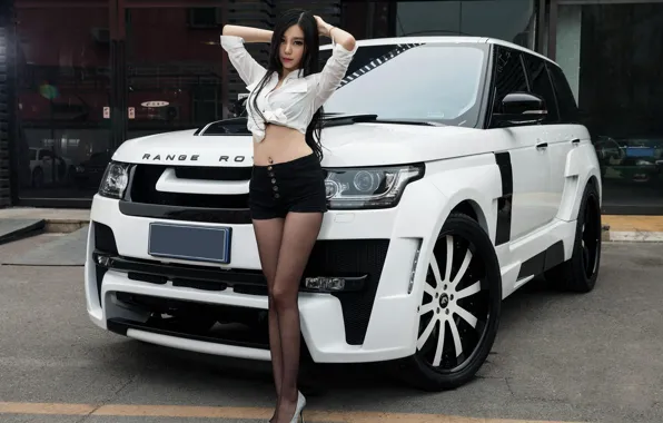 Picture look, Girls, Land Rover, Asian, beautiful girl, white car