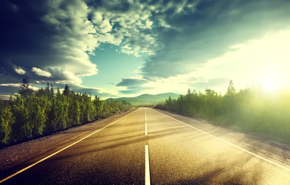 Road, the sky, clouds