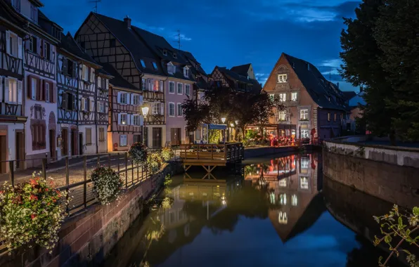 Picture lights, France, the evening, channel, Colmar