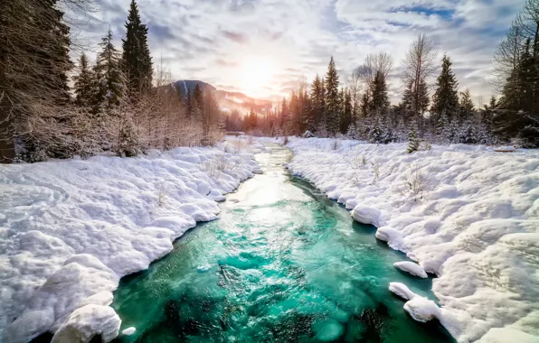 Clouds, snow, river, Canada