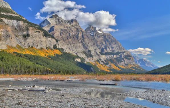 Picture autumn, forest, the sky, clouds, trees, mountains, lake, slope