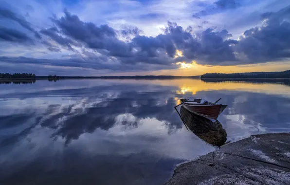 Sunset, lake, boat, Finland