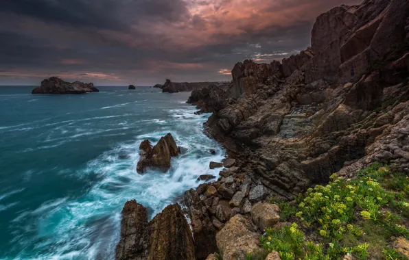 Sky, sea, seascape, rocks, shore