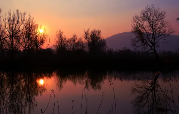 Picture the sky, the sun, trees, sunset, lake, reflection, shore, mountain