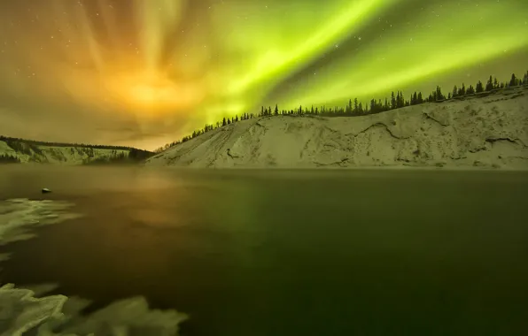 Winter, snow, lake, Northern lights, Alaska, glow, USA, Yukon