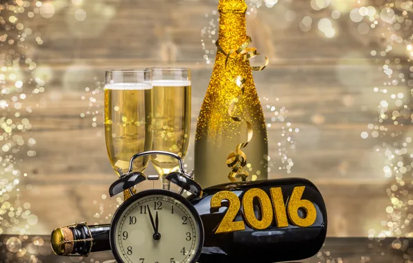 Picture watch, bottle, New Year, glasses, golden, champagne, New Year, clock