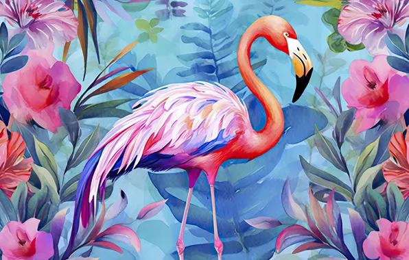 Leaves, flowers, branches, nature, tropics, bird, garden, watercolor