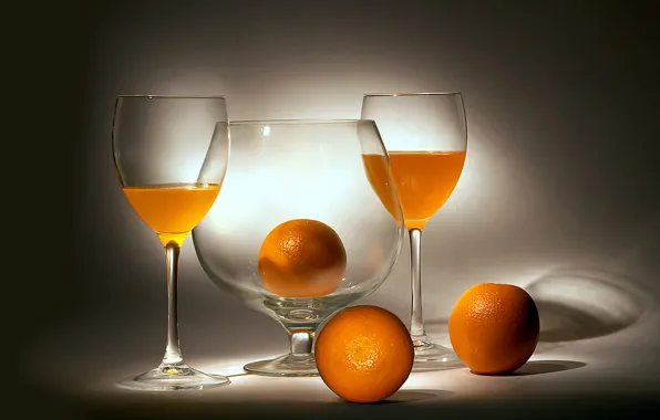 Oranges, glasses, still life, orange, orange juice