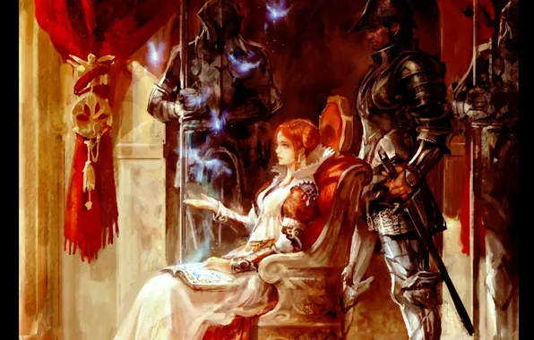 Picture magic, sword, armor, book, red, knights, the throne, Queen