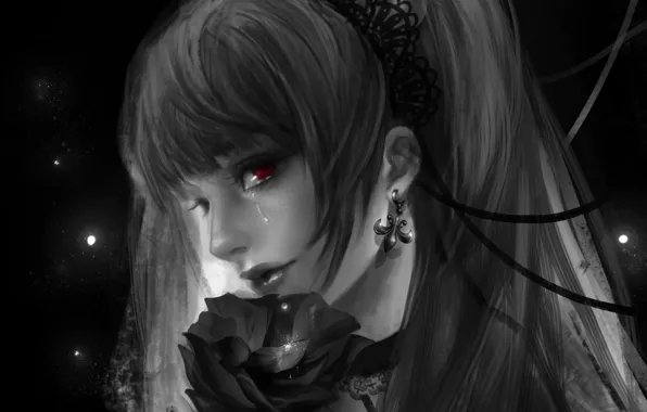 Flower, girl, tear, death note, death note, art, red eye, rikamello