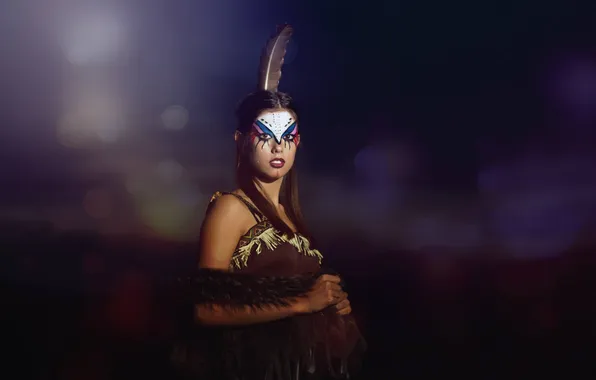 Look, girl, face, background, feathers, paint