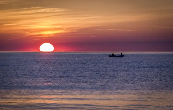 Picture sea, the sky, sunset, boat, fisherman, horizon