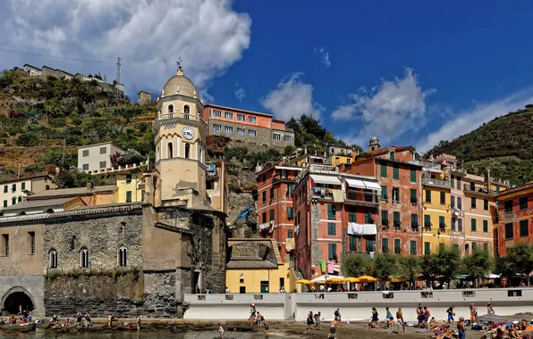 Rocks, tower, home, Italy, Vernazza, Cinque Terre, The Ligurian coast