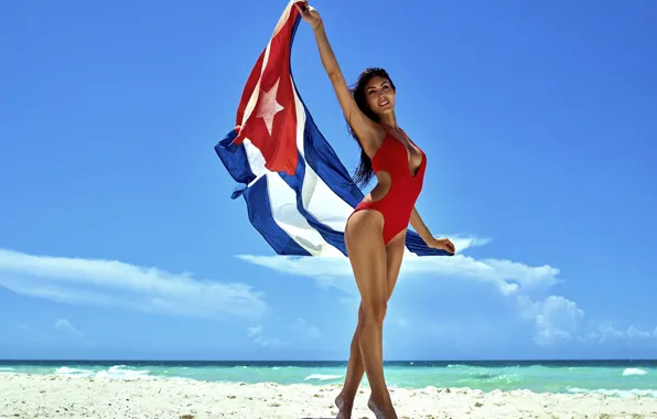 Sand, sea, beach, swimsuit, the sun, red, pose, model