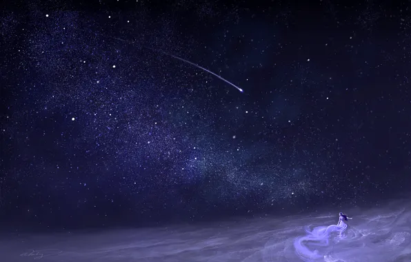 The sky, girl, night, shooting star, dancing, by DreamerWhit