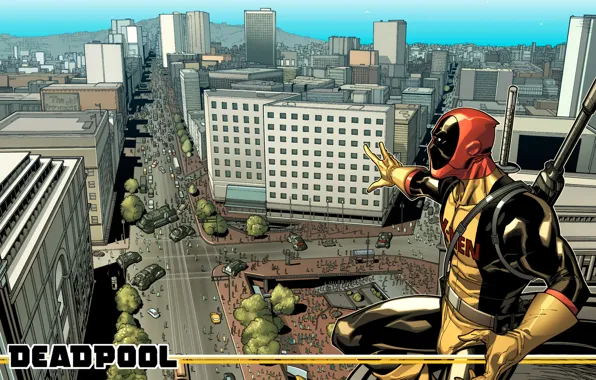 Red, the city, people, the crowd, Deadpool, Deadpool, katana, comics