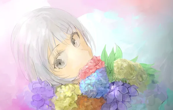 Bouquet, girl, grey eyes, bangs, hydrangeas, silver hair