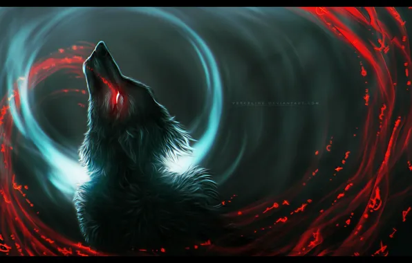 Picture wolf, predator, wool, werewolf, art, bloody tears, in the dark, burning eyes