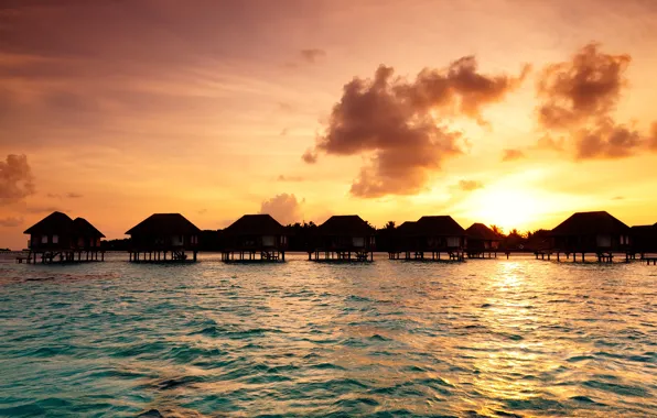 Sea, the sky, sunset, tropics, coast, The Maldives, Bungalow