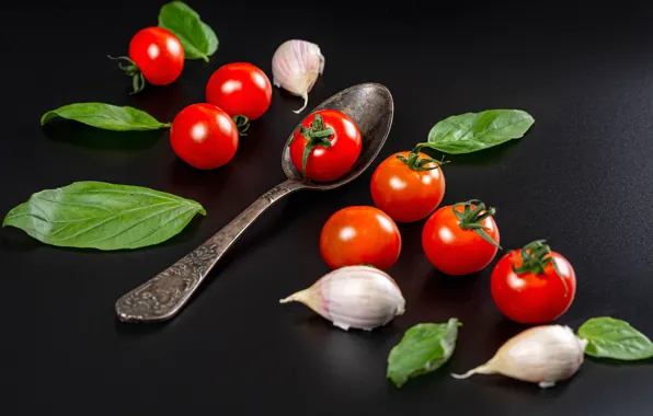 The dark background, table, spoon, tomatoes, tomatoes, composition, garlic, Basil