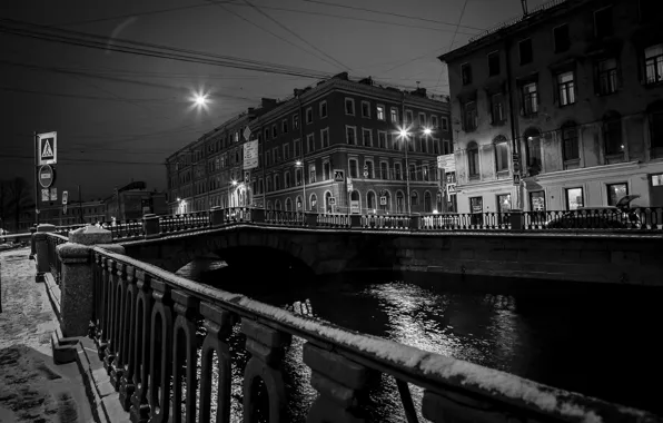 Snow, bridge, the city, lights, house, Peter, Saint Petersburg, old