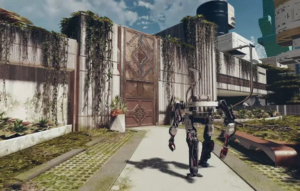 Road, wall, robot, gate, starfield, vines