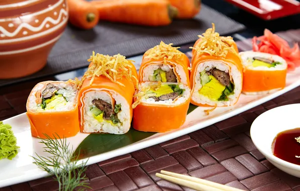 Figure, carrots, sauce, sushi, wasabi, filling, vegetarian