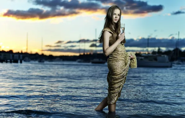 Girl, sunset, river, glass