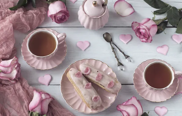 Tea, roses, Cup, cake, saucers, eclairs, Julija Vilvarin