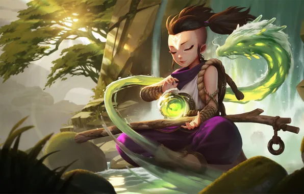 Mountains, magic, dragon, waterfall, sphere, Chinese Dragon, Legends of Runeterra