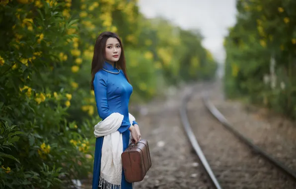Picture girl, nature, rails, suitcase, Asian