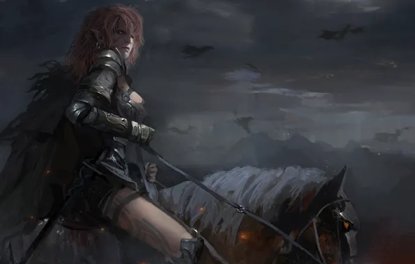 The sky, look, girl, sign, dragon, horse, figure, armor