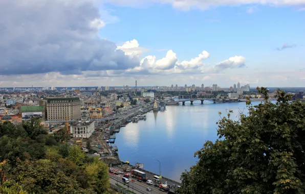 Picture summer, the sky, water, the city, river, Ukraine, Dnepr, Kiev