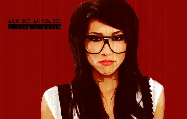 Girl, red, object, brunette, glasses, brain, dignity, slogan