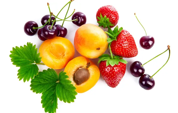 Leaves, cherry, strawberry, berry, white background, fruit, closeup, apricots