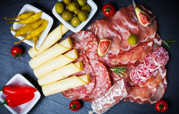 Picture cheese, meat, olives, sausage, figs