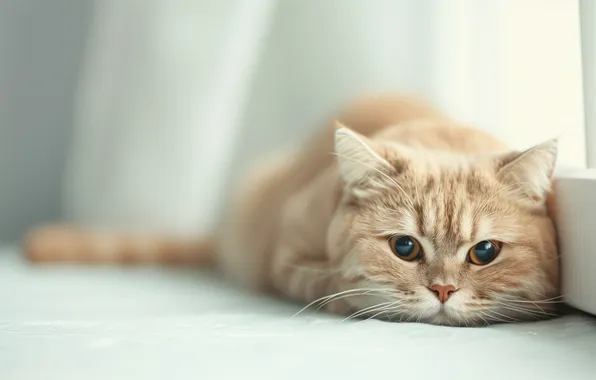 Cat, cat, look, pose, window, red, lies, curtains