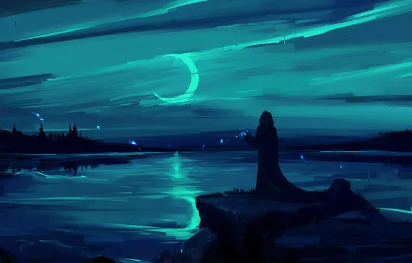 Moon, fantasy, magic, landscape, night, figure, lake, man