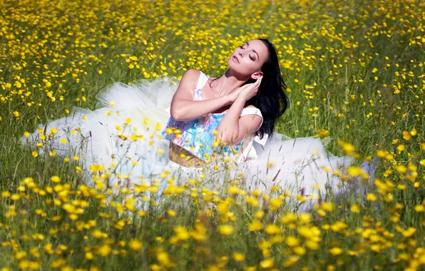 Girl, the sun, flowers, model, skirt, Mike, brunette, sitting