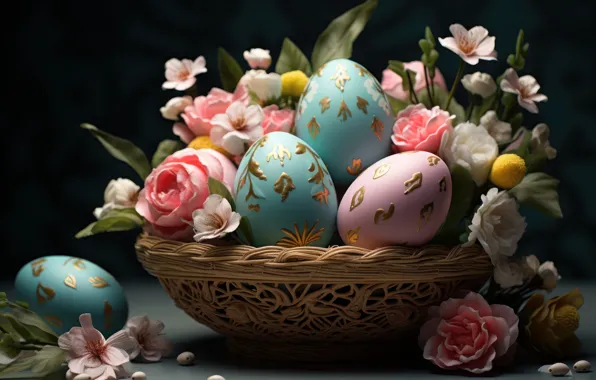 Flowers, holiday, bright, eggs, spring, blue, Easter, socket