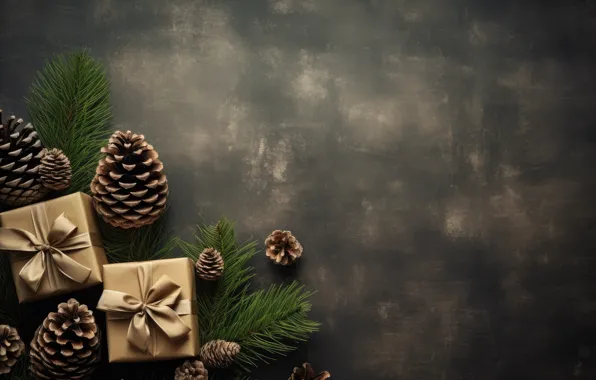 Branches, the dark background, Christmas, gifts, New year, needles, bumps, gold