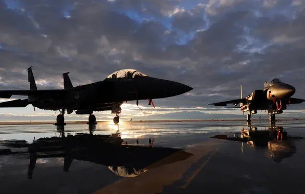 Sunset, the plane, fighter, aircraft, runway, McDonnell Douglas F-15 Eagle, McDonnell Douglas F-15 "Eagle"