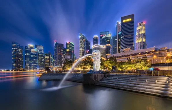 Wallpaper rays, night, Singapore, fountain, Singapore for mobile and ...