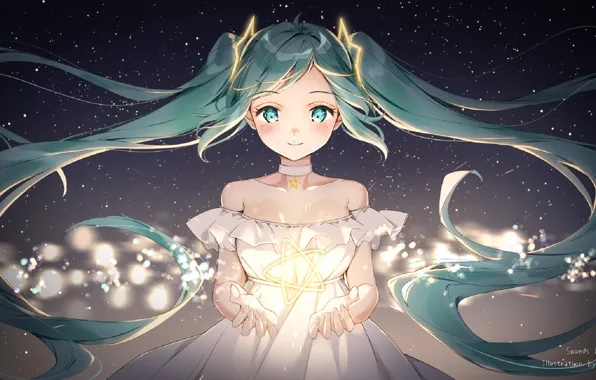 Lights, hands, vocaloid, Hatsune Miku, white dress, Vocaloid, blue hair, bokeh