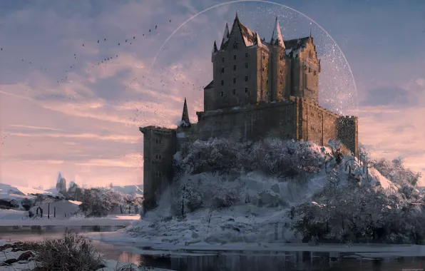 Picture snow, castle, bird, pond, Winter Castle