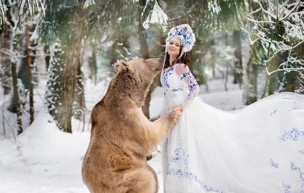 Winter, forest, look, girl, snow, branches, nature, pose